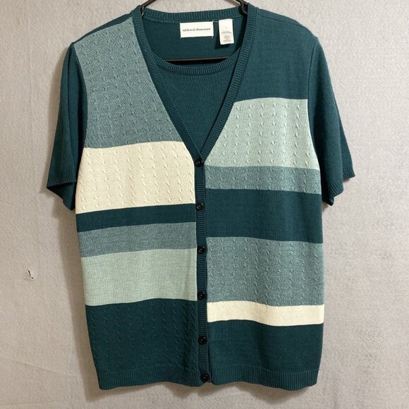 Alfred Dunner Women Green/Stripes Short Sleeve Blouse/Vest Faux Top Set Att Sz S - Picture 1 of 7